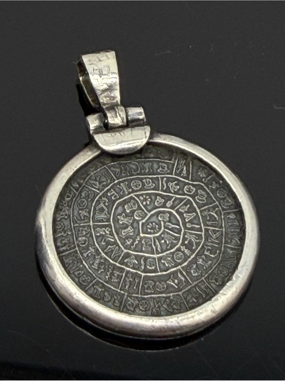 Sterling Silver Phaistos Disc Pendant - Black Patina